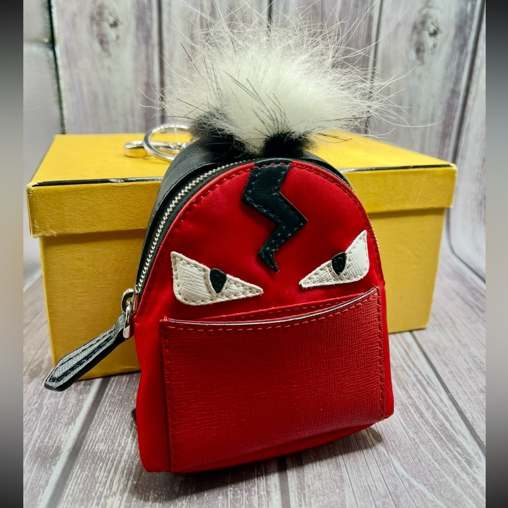 FENDI Monster Mini Backpack Bag Charm Leather Nylon & Fur Red Black w/ Box RARE - Picture 2 of 16